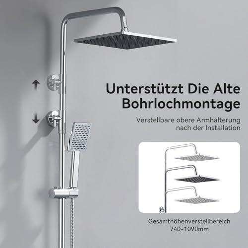 Auralum Regendusche ohne Armatur, Duschgarnitur mit Regendusche Quadratischer Duschkopf 25cmx25cm, Regenwalddusche Höhenverstellbar Duschstange von 74-109cm, Edelstahl Regendusche ohne Duscharmatur