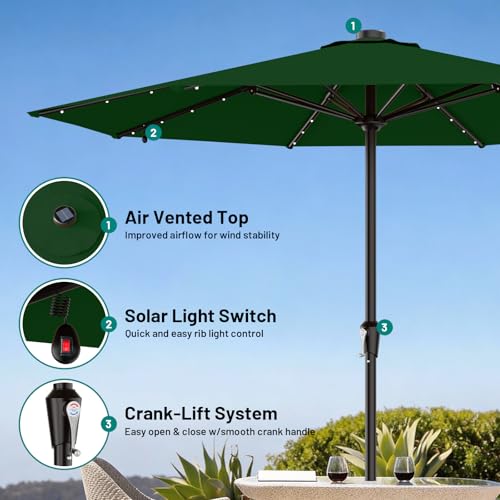Image of AreShark 11FT Large Patio Umbrella with Solar Lights, Lighted Solar Umbrella with Crank, Outdoor Table Market Umbrellas for Garden, Deck, Backyard, Pool and Beach, Dark Green