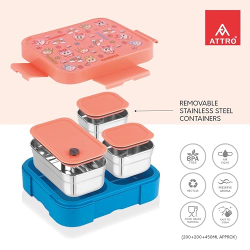 Image of ATTRO Admire Deluxe 3 Compartment Stainless Steel Lunch Box, BPA-Free Inner Steel, Airtight & Leakproof, Lightweight Easy Carry Tiffin for Kids School Travel, Cute Monster Print- Peach-800ml