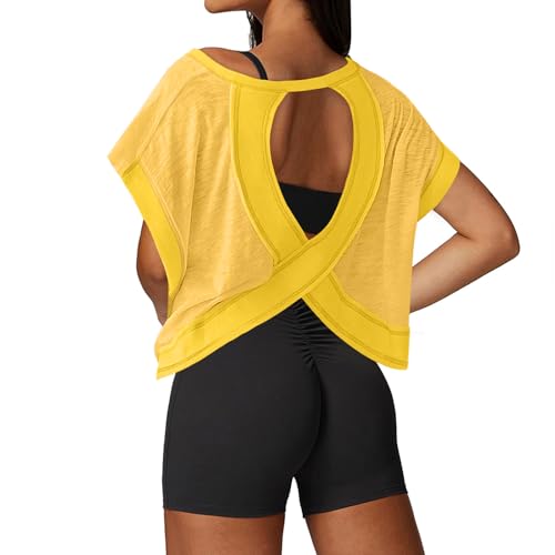 Image of UNIANKIYA Open Back Workout Tops for Women Loose Fit Athletic Crop Tee Short Sleeve Gym Running Yoga Shirt
