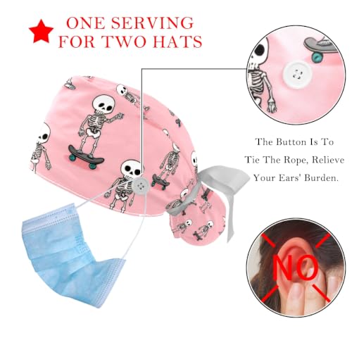 Image of 2 PCS Bouffant Cap with Button Ponytail Pouch Working Cap Sweatband Adjustable Surgical Cap Black and White Cow