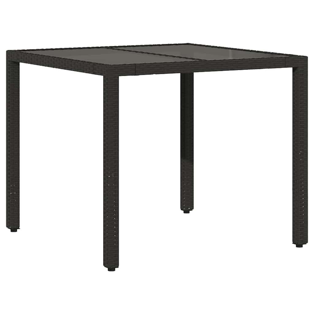 Poly Rattan Gartentisch mit Glasplatte Schwarz 90x90x75 cm, Stabiler pulverbeschichteter Stahlrahmen, pflegeleichtes PE-Rattan für Terrasse und Garten