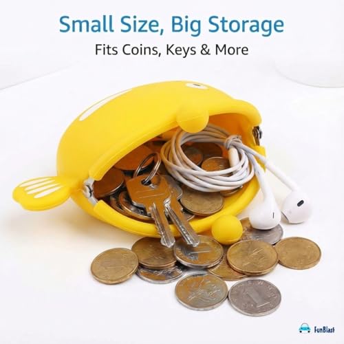 Image of FunBlast Cute Fish Shape Silicone Coin Purse for Kids & Adults - Mini Pouch for Coins, Earphones, Keys & Small Essentials, Aesthetic Pouches for Girls & Women - 12 X 9.5 X 3 Cm (Yellow)