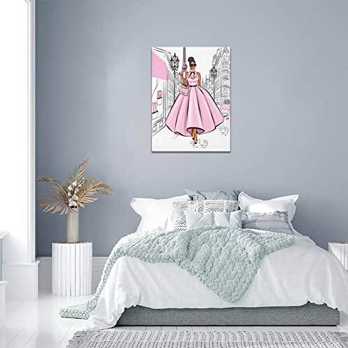 Black Girl Pink Canvas Wall Art African American Painting Wall Decor Fashion Women In Paris Eiffel Tower Pictures Modern Framed Prints Artwork For Girls Room Bathroom Bedroom 12"X16" #TOP1