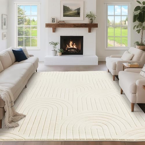 Puremy Wohnzimmerteppich, Kurzflor Teppich Wohnzimmer Schlafzimmer Kinderzimmer mit Hoch-Tief-Effekt, 3D Effekt, hohe Flordichte und angenehm weich, Moderner Bogenförmiges Design, 80x150cm, Beige