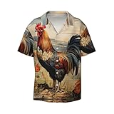 Camisas de hombre con estampado de gallo en madera agrícola, estilo informal, de manga corta, con botones, para playa, tropical, para verano, Negro -, M
