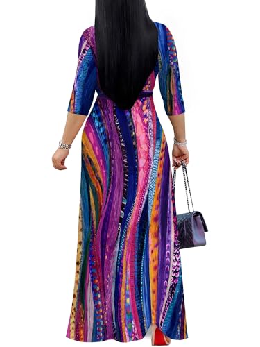 Image of Women's V Neck Floral Maxi Dress 3 /4 Sleeve Plus Size Boho Wrap Flowy Long Dresses with Belt