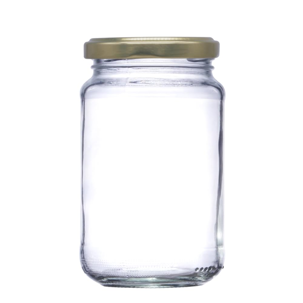12oz Traditional Glass Jam Jars (296ml), Jar for Preserves, Marmalade, Honey, Chutney & Curds (Gold Lid, Pack of 100)