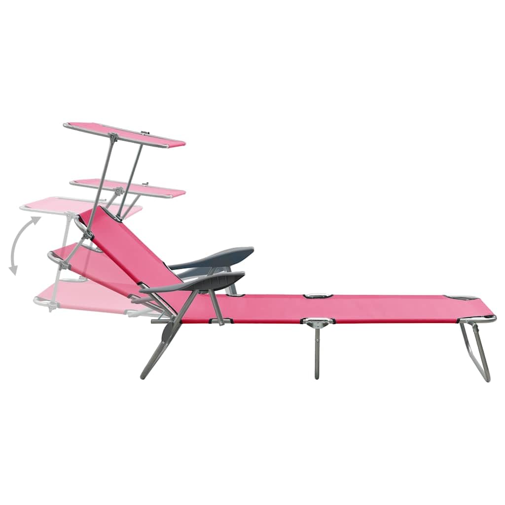 Sonnenliege mit Dach klappbar, Gartenliege mit verstellbarem Sonnendach und Rückenlehne, Strandliege aus Stahl für Garten und Camping, Belastbar bis 120 kg, Rosa
