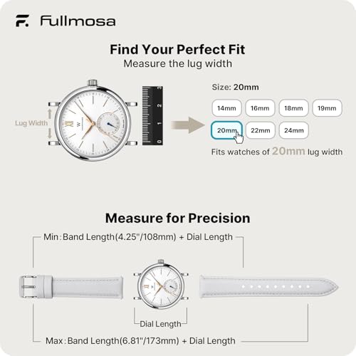 Image of Fullmosa Watch Straps 20mm, Axus Series Leather Strap Replacement Watch Strap with Stainless Steel Metal Clasp for Men Women 14 /16 /18 /20 /22 /24mm, White 20mm | Strap for Garmin Vivoactive 6 /5,Venu Sq 2 /Sq,Galaxy Watch 7 /6 /5 40mm 44mm Women Men, White&Silver Buckle