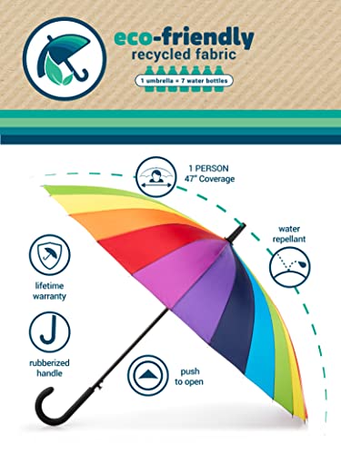 Totes Large Eco Auto-Open 24 Rib Stick Umbrella With A Classic J Hook Curved Handle And Water Repellant #TOP6