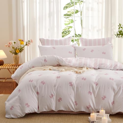 Sedefen Housse de Couette 140x200cm Blanc Rose Rayures Noeud Papillon Réversible Parure de Lit Ado 1 Personne Romantique Housse Couette en Microfibre avec...