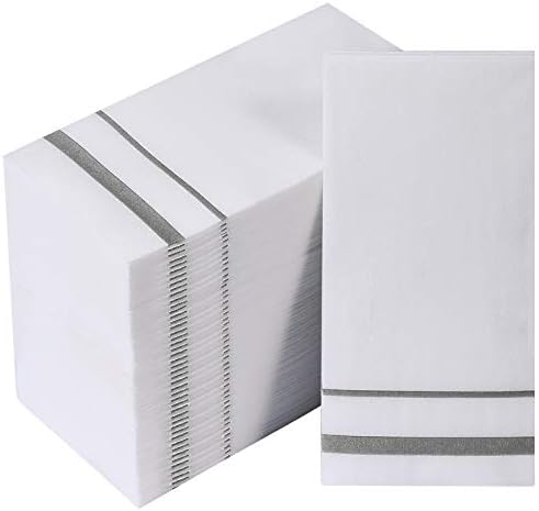 [200 Pack] Disposable Guest Towels Linen-Feel Paper Hand Towels, Decorative Bathroom Hand Napkins for Kitchen, Parties, Weddings, Dinners or Events, White and Silver
