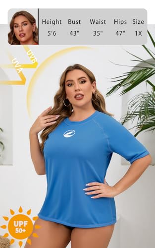 Halcurt Women's Plus Size Short Sleeve Rash Guard with Built in Bra Swim Shirt UPF50+ Quick Dry Swimsuit Top3