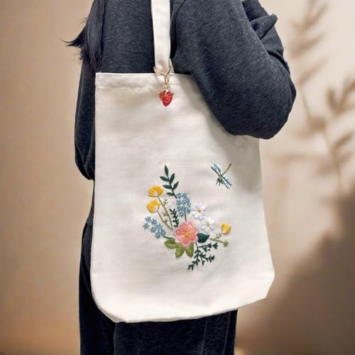 Image of Speedura Embroidery Kit for Beginners - Dual Canvas Tote Bags with Floral Cross Stitch Patterns | Complete Needlepoint Set Includes Hoops, Threads & Step-by-Step Video Tutorial (Beige & Black Set)