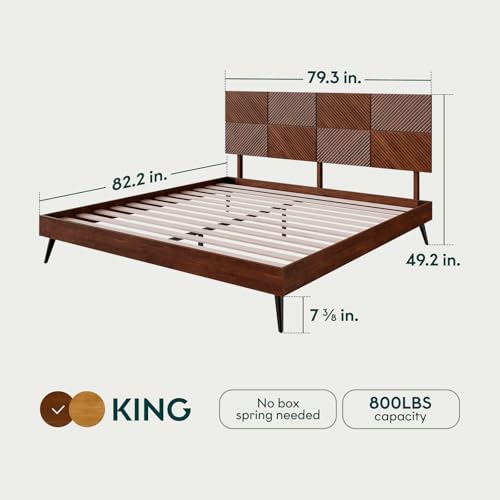 Image of Bme Rhombus King Bed Frame - Solid Rubber Wood with Geometric Rhombus Headboard, Walnut Finish, Scandinavian Modern Platform Bed with Sturdy Slats & Metal Legs, No Box Spring Needed