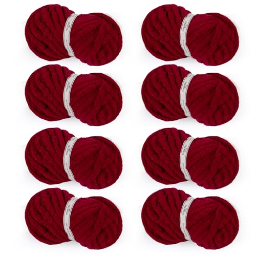 Image of 8 Jumbo Packs Chunky Chenille Yarn for Crocheting, 31.7 yds, 8 oz Each Skein Bulky Thick Fluffy Yarn for Knitting, Super Bulky Chunky for Hand Knitting Blanket, Soft Plush - Wine Red