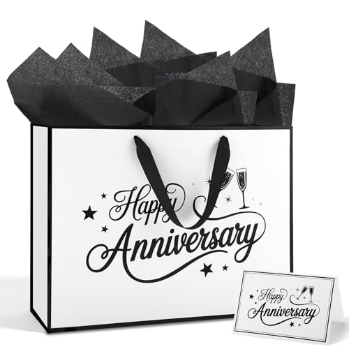 mypartyco 14.5 Anniversary Themed Gift Bag Large White with Black Trim Classic Themed Gift Bag Includes Greeting Card Ribbon and Tissue Paper for Anniversary Parties and Wedding Party Supplies