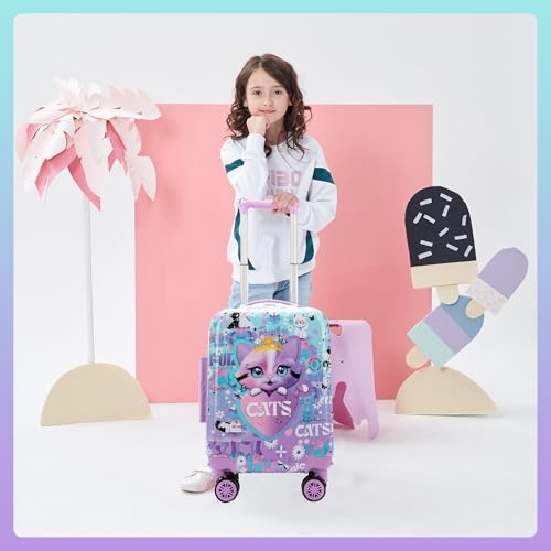 Image of Cute Cat Kid's Luggage Set 2 Piece Suitcase Set 16 inch Hardside Luggage with Spinner Wheels Girls Carry on Toddler Travel Rolling Luggage Airline Approved