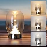 AURALK Modern Smoke Glass Table Lamp - Minimalist LED Accent Light for Bedroom, Living Room & Office | Touch Control Dimmable Bedside Lamp with Stainless Steel Base