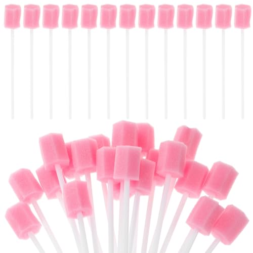 Healifty 200Pcs Disposable Oral Swabs Sponge, Unflavored Mouth Cleaning Tooth, Foam Toothbrush Swabsticks for Elderly Bedridden Care &amp; Baby Tongue Cleaner Pink