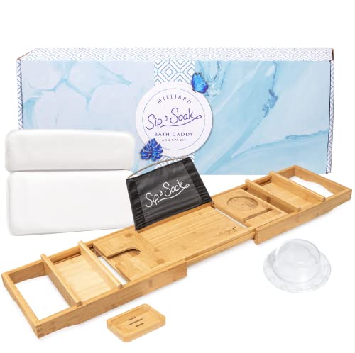 Milliard Spa Gift Set with Bath Caddy Tray, Bath Pillow and Overflow Drain Cover, Bathtub Gift Basket for Women and Men