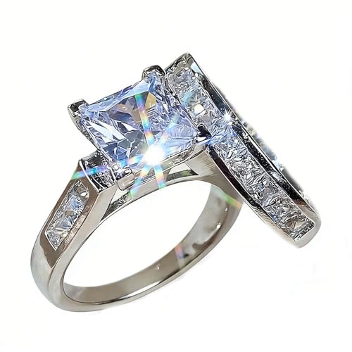 HUUGVBCO 2 PCS Platinum Plated 925 Sterling Silver Square Zirconia Cushion Halo Shiny CZ Crystal Diamond Engagement Wedding Rings Set for Women(6)