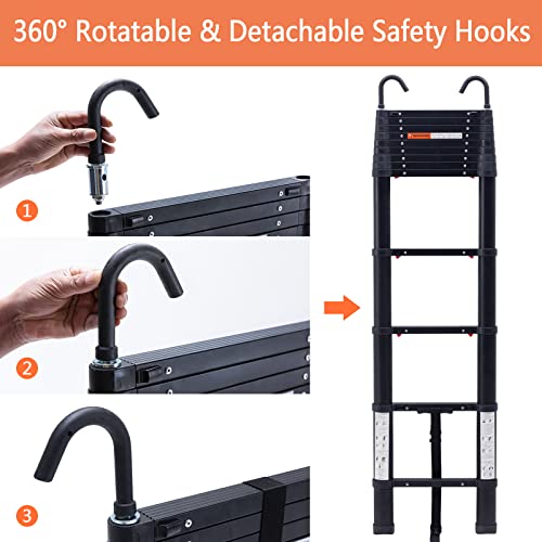12.75Ft Telescoping Ladder Black, Alohappy One Button Retraction Aluminum Telescopic Extension Ladder Lightweight Ladder Extendable Multi-Purpose Ladder For Roof Business,Household,Rv 330Lb Capacity #TOP1