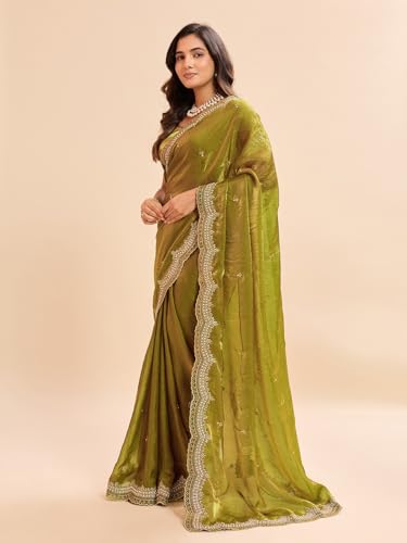 Image of Embellished Embroidered Pure Chiffon Heavy Work Saree