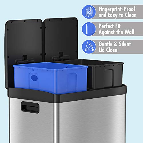 Itouchless Softstep 16 Gallon Kitchen Step Trash Can & Recycle Bin With Double Odor Filters And Removable Color-Coded Buckes, Stainless Steel, 2 X 8 Gallon (30L), Soft Close Lid And Airtight Seal #TOP3