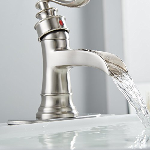 Bathfinesse Bathroom Faucet Brushed Nickel Waterfall Single Hole With Metal Pop Up Drain Stopper One Handle Sink Faucets Bath Vanity Lavatory Vessel Commercial Satin With Water Supply Hose #TOP7