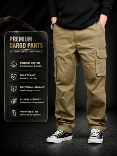 Image of Men's Cotton Cargo Pants for Men | Relaxed Loose Fit Drawstring Waist Cargo Trousers | Multi Pocket Casual Utility Pants for Outdoor, Travel