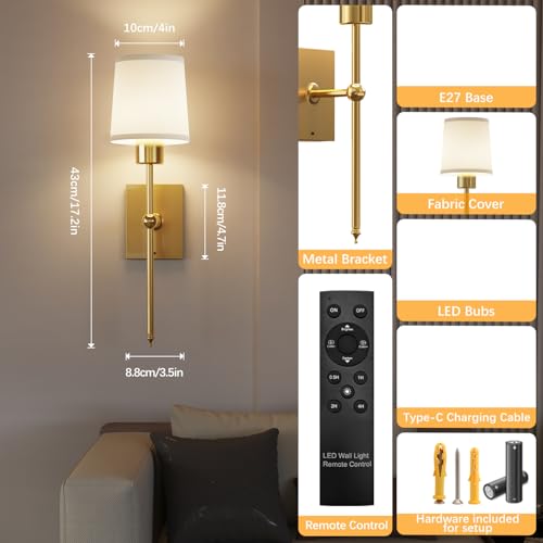Image of Wireless Rechargeable sconces Wall Decor Set of 2, 5200mAh Battery Wall Sconce with Remote & Timer, Wall Lights Operated for Bedroom, Living Room, Hallway, Bathroom, Gold