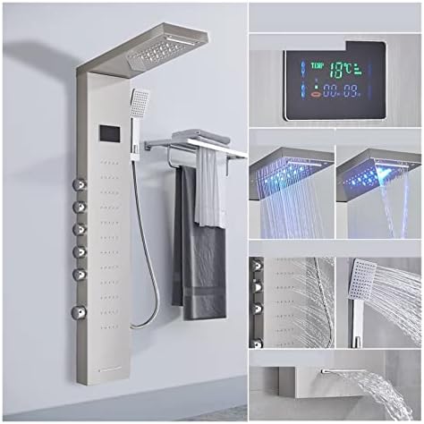 Shower Panel Tower Black LED Light Shower Faucet Bathroom SPA Massage Jet Shower Column System Waterfall Rain Shower Panel Bidet Sprayer Tap LED Shower Column Stainless Steel Brushed ( Color : 8013 Br