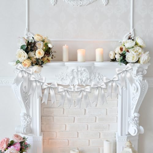 Image of 2 Strings of 16PCS White Bow Garlands Banner Decoration,Pre-Strung Satin Ribbon Ornaments for Birthday,Bachelorette Party,Bridal Shower,Wedding,Engagement,Baby Shower, Graduation Decor,Anniversary