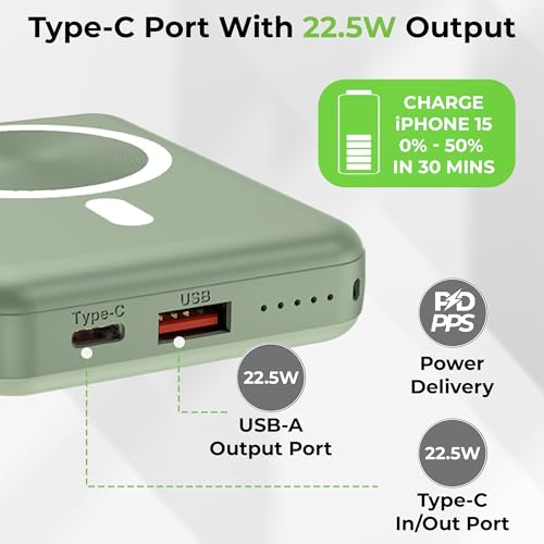 Image of UltraProlink |10000 mAh | Magnetic Mag-Safe Power Bank|Juice-Up Mag 6 |22.5W Type C Port with PD-PPS Support | Mag-Safe Charging for iPhone Series 17,16,15,14,13 | Made in India | Green | UM1120