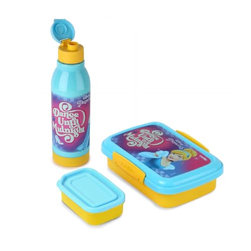 CELLO Lunch On Disney Pricess Design Kids Combo Set Yellow | Inner Compartment Lunch Box with Insulated Water Bottle Leak Proof Airtight Lightweight C