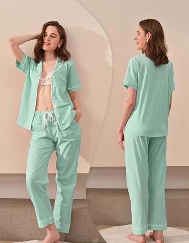 Image of NAP BOUND 100% Cotton Women Pajama Sets Button Down Short Sleeve Sleepwear Soft Pjs 2 Piece Lounge Set with Pocket XS-XXL