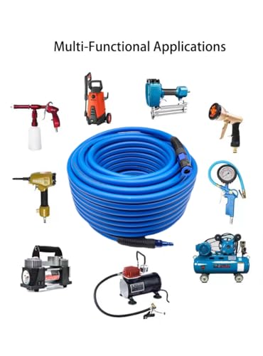 SYXQT Hybrid Air Hose 3/8-Inch x 100FT,Air Compressor Hose 300 PSI Heavy Duty,Lightweight,Kink Resistant,All-Weather Flexibility with 1/4-Inch Industrial Air Fittings and Bend Restrictors,Dark Blue