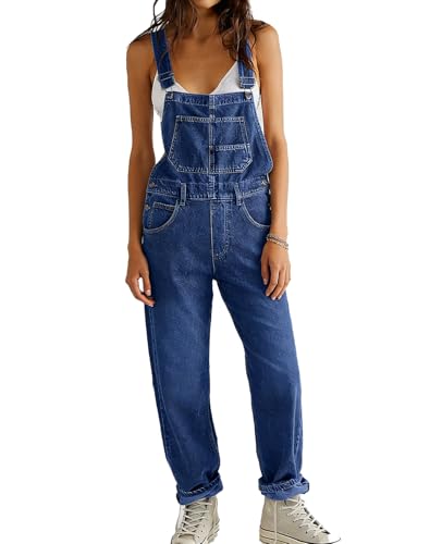 Image of YOUNIFIZ Womens Jean Jumpsuit Casual Denim Dungarees Adjustable Straps Rompers Wide Leg Jean Playsuit Summer Vintage Overalls with Pockets