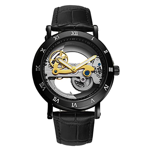 MQJ Casual Business Hombres Correa de Cuero Movimiento Mecánico Reloj Fresco Chronógrafo Luminoso a Prueba de Agua Hueco de Doble Cara/Negro Cover