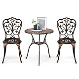 Outvita Patio Table and Chairs Set, Cast Aluminum Outdoor Cafe Table and Chairs Set of 3, Stability Patio Bistro Sets with Umbrella Hole for Garden, Patio, Balcony, Butterfly Pattern Bronze