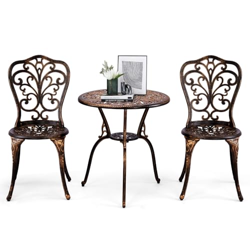 Outvita Patio Table and Chairs Set, Cast Aluminum Outdoor Cafe Table and Chairs Set of 3, Stability Patio Bistro Sets with Umbrella Hole for Garden, Patio, Balcony, Butterfly Pattern Bronze