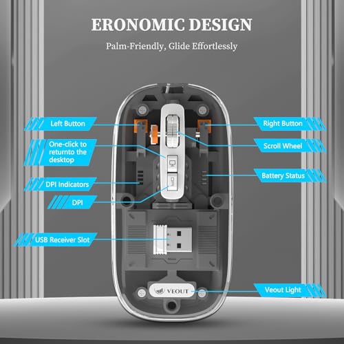 Image of Veout Wireless Bluetooth Mouse, Portable Silent Click Rechargeable Mouse with USB Receiver, 3-Level DPI, Compatible with Laptop, PC, Mac, Tablet, Phone