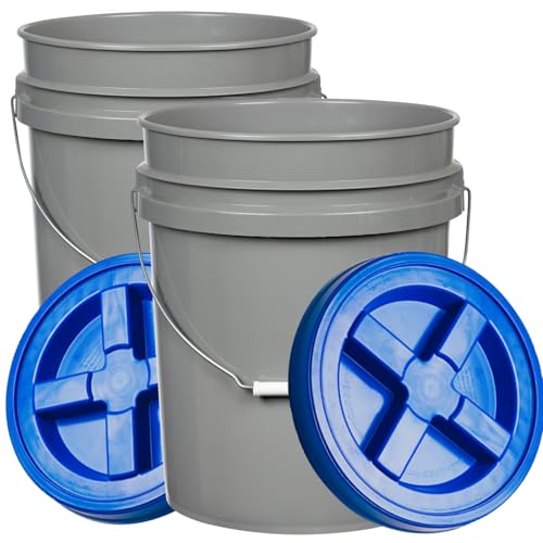 House Naturals 5 Gallon Food Grade BPA Free Made in USA Pails Gray Bucket with Screw On Air Tight Lid (2, Gray with Blue lids)