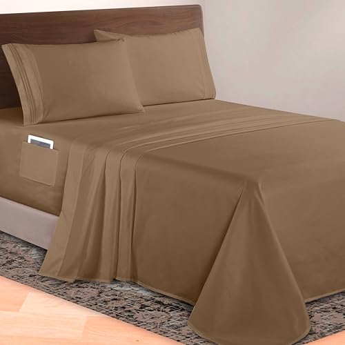 Image of Elegant Comfort Luxurious 1500 Premium Hotel Quality Microfiber 4-Piece Sheet Set, 18-24 Inches Deep - Extra Deep Pocket Sheets - Ultra Soft 4PC Deep Pocket Sheets, Full, Taupe