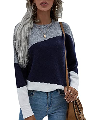 Image of ECOWISH Women Sweater Long Sleeve Color Block Knit Pullover Sweaters Crew Neck Patchwork Casual Loose Jumper Tops