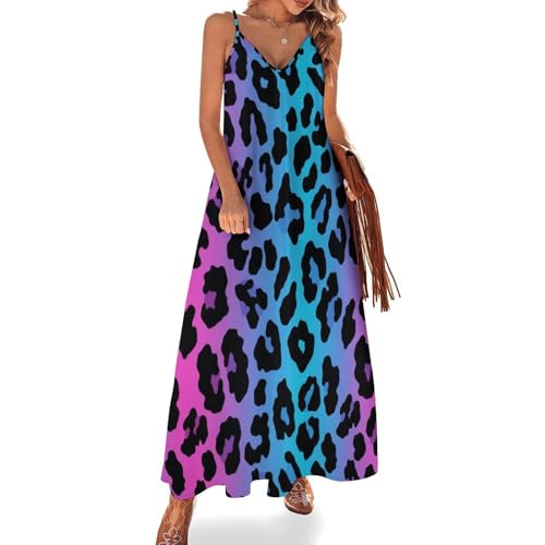 SMBHIAON Sommerkleid Damen Animalprint Lang Maxikleid Leopardenmuster Mit Farbverlauf Sommer V Ausschnitt Kleid Elegant Spaghettiträger Freizeitkleid