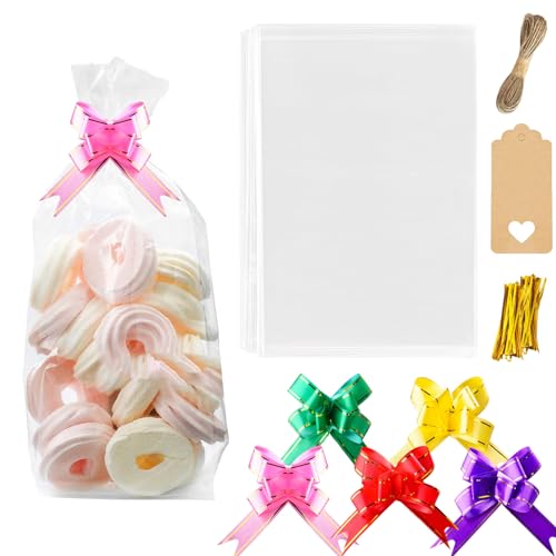 20 Stück Geschenkfolie Transparent 35 x 50cm, CellophantüTen Transparent Taschen Mit Geschenkschleifen,Kraftpapier,Twist Krawatten,Schnur, CellophantüTen Taschen für Geschenkkorb
