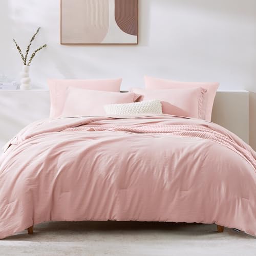 Image of Queen Comforter Set-7 Pieces Soft Prewashed Bed in a Bag Queen Bedding Sets | All Season Comforter with Sheets, Pillow Shams & Pillowcases, Soft Pink